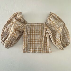 Anthropologie Maeve Plaid Square Neck Puff Sleeve Blouse Yellow/Grey Size Medium